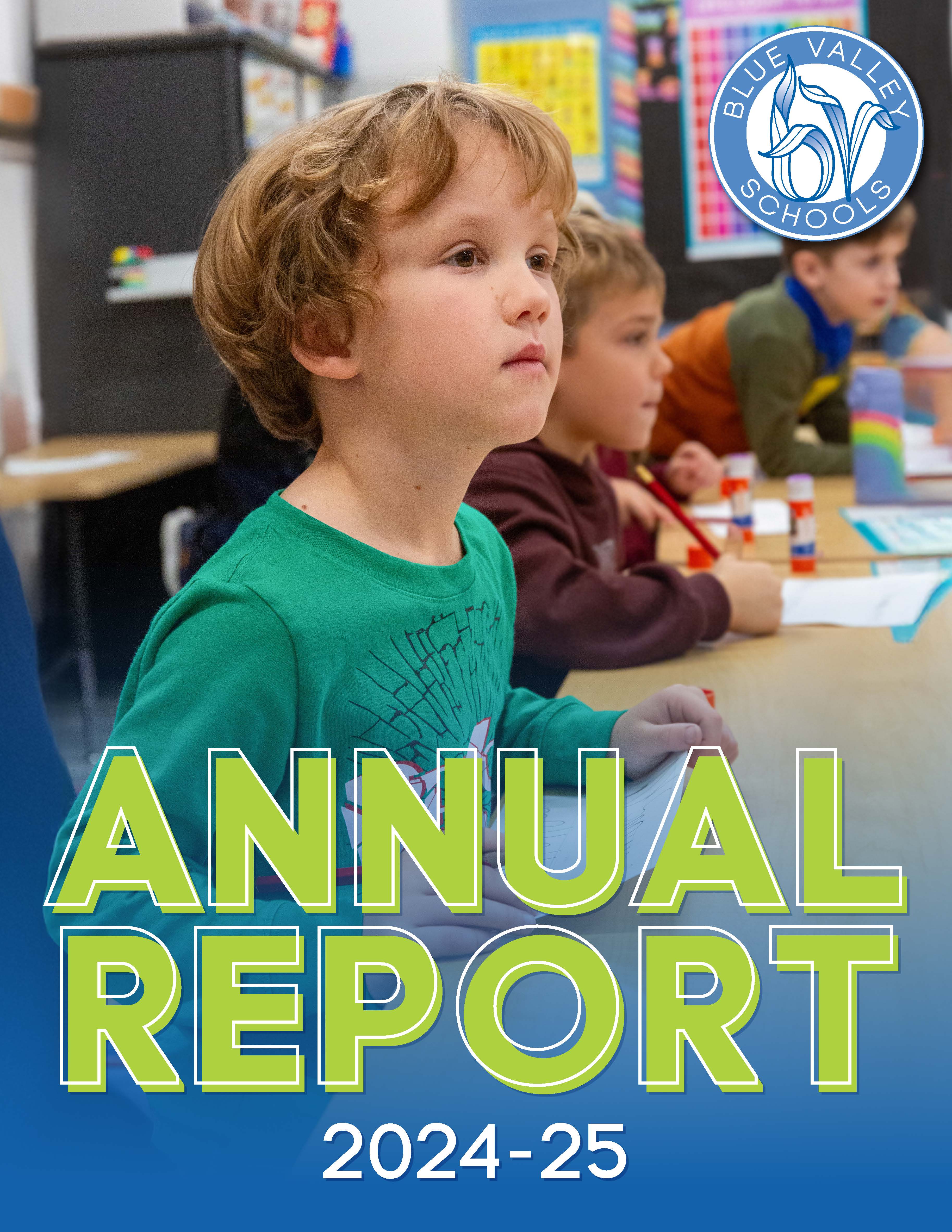 BV Schools Annual report cover of an elementary student and a high school graduate